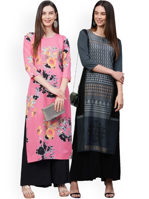 

KALINI Women Pack Of 2 Pink & Grey Floral Printed Crepe Kurtas