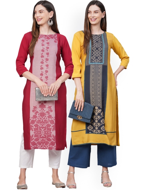 

KALINI Women Pack Of 2 Maroon & Yellow Ethnic Motifs Printed Crepe Kurtas