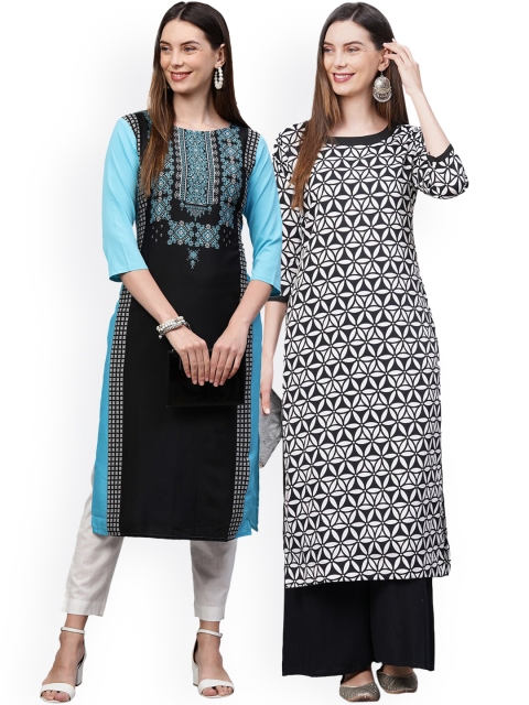 

KALINI Women Pack Of 2 Black & White Floral Printed Crepe Kurtas