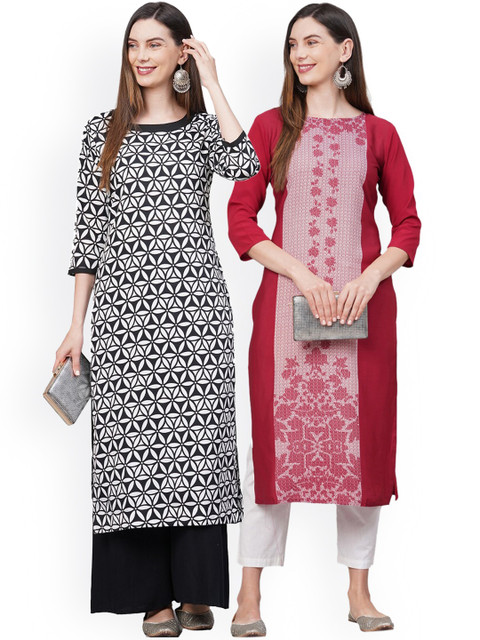 

KALINI Women Pack Of 2 Black & Maroon Floral Printed Crepe Kurtas