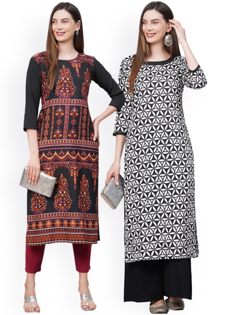 

KALINI Women Pack Of 2 Black & White Floral Printed Crepe Kurtas