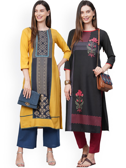 

KALINI Women Pack Of 2 Yellow & Black Ethnic Motifs Embroidered Crepe Kurtas