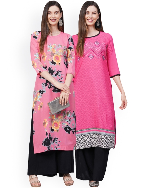 

KALINI Women Pack Of 2 Pink & Navy Blue Floral Printed Thread Work Crepe Kurtas