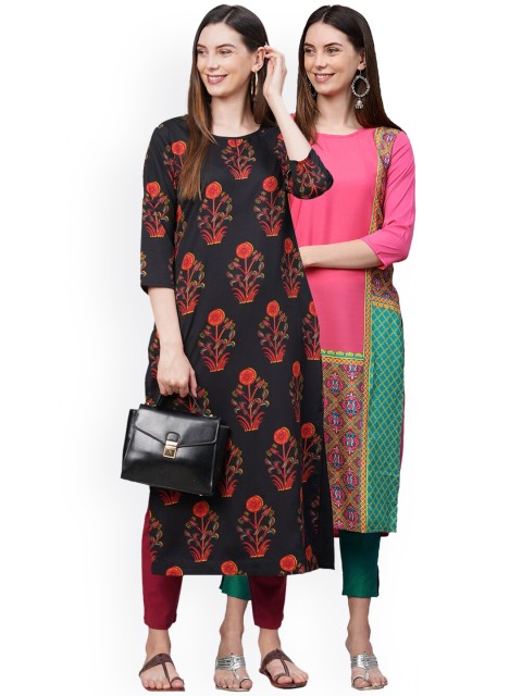 

KALINI Women Pack Of 2 Black & Orange Floral Printed Crepe Kurtas
