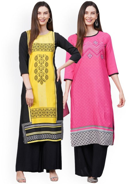 

KALINI Women Pack Of 2 Yellow & Pink Ethnic Motifs Printed Crepe Kurtas