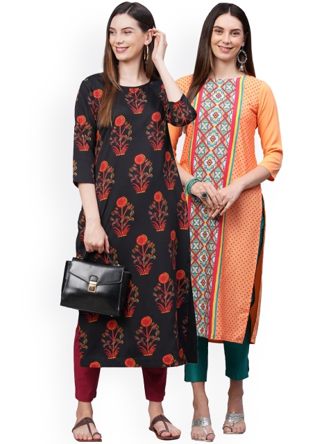 

KALINI Women Pack Of 2 Black & Orange Floral Printed Crepe Kurtas