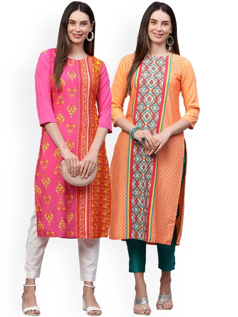 

KALINI Women Pack Of 2 Pink & Orange Ethnic Motifs Printed Crepe Kurtas