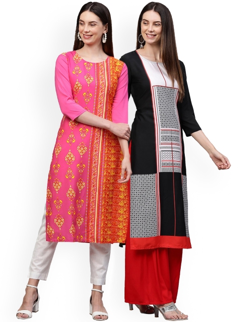 

KALINI Women Pack Of 2 Pink & Black Ethnic Motifs Printed Crepe Kurtas