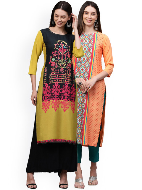 

KALINI Women Pack Of 2 Yellow & Orange Ethnic Motifs Printed Crepe Kurtas