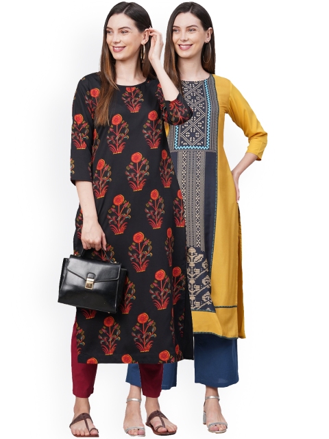 

KALINI Women Pack Of 2 Black & Yellow Ethnic Motifs Printed Thread Work Crepe Kurtas