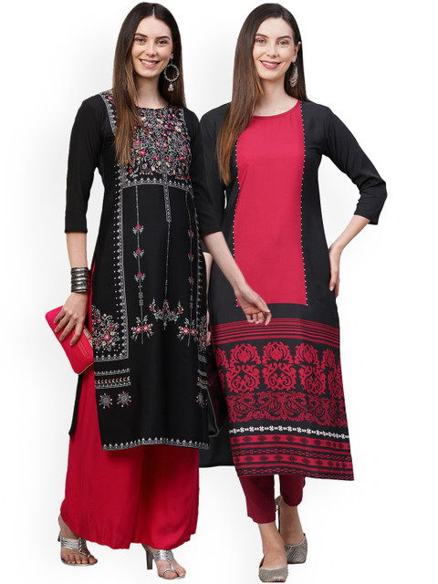

KALINI Women Pack Of 2 Black & Pink Ethnic Motifs Printed Crepe Kurtas