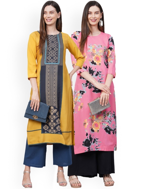 

KALINI Women Pack Of 2 Yellow & Pink Floral Printed Crepe Kurtas