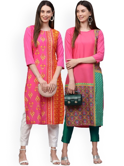 

KALINI Women Pack Of 2 Pink & Orange Ethnic Motifs Printed Crepe Kurtas