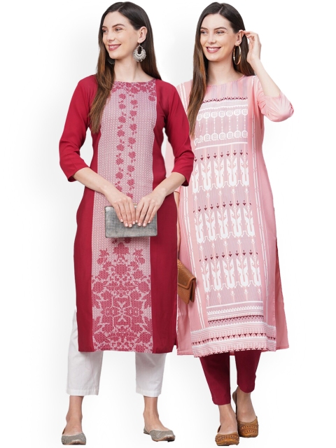 

KALINI Women Pack Of 2 Maroon & Pink Ethnic Motifs Printed Crepe Kurtas