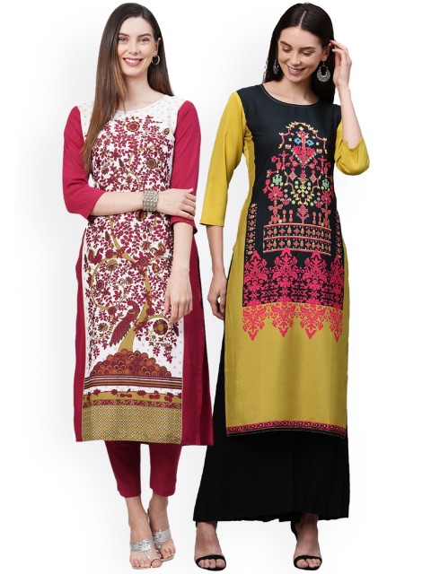 

KALINI Women Pack Of 2 White & Yellow Ethnic Motifs Printed Thread Work Crepe Kurtas