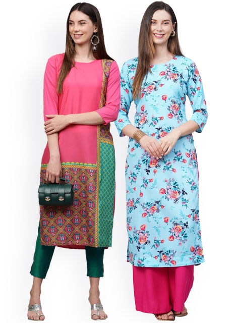 

KALINI Women Pack Of 2 Pink & Blue Floral Printed Crepe Kurtas