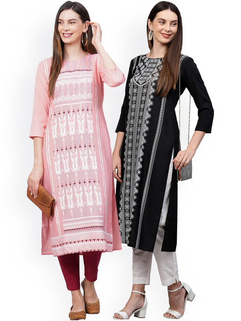 

KALINI Women Pack Of 2 Pink & Black Ethnic Motifs Printed Crepe Kurtas