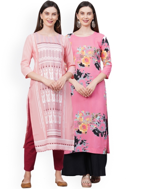 

KALINI Women Pack Of 2 Pink & White Floral Printed Crepe Kurtas