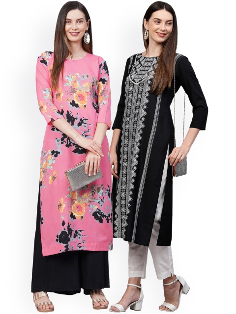 

KALINI Women Pack Of 2 Pink & Black Floral Printed Crepe Kurtas