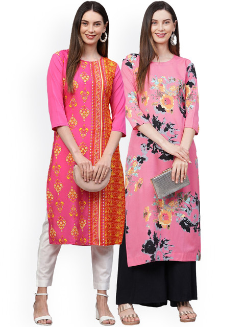 

KALINI Women Pack Of 2 Pink & Orange Floral Printed Crepe Kurtas