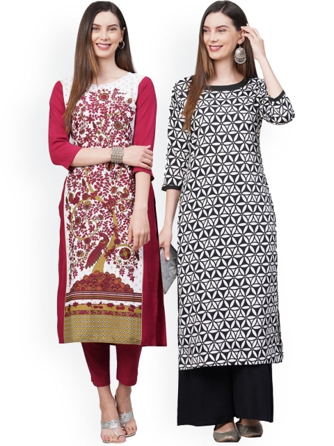 

KALINI Women Pack Of 2 White & Black Floral Printed Crepe Kurtas