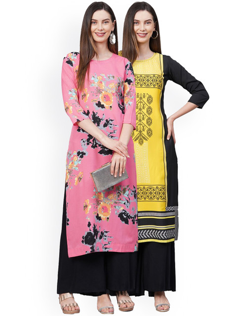 

KALINI Women Pack Of 2 Floral Printed Thread Work Crepe Kurta, Yellow