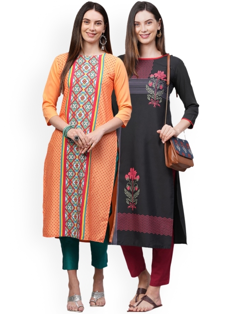

KALINI Women Pack Of 2 Ethnic Motifs Thread Work Crepe Kurta, Orange