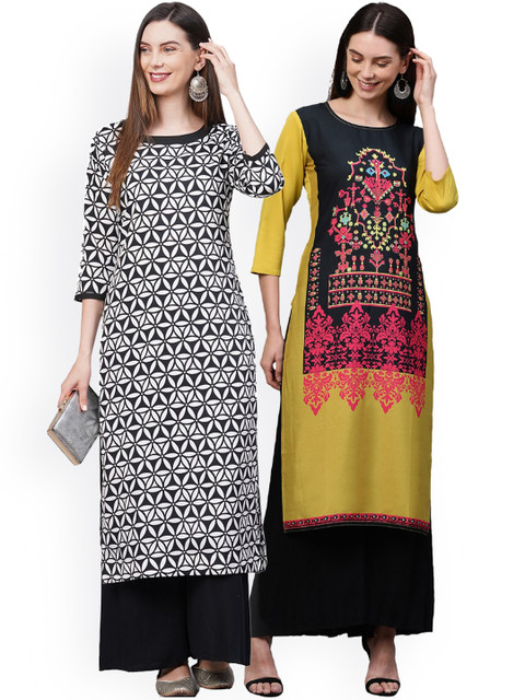 

KALINI Women Pack Of 2 Printed Flared Sleeves Mirror Work Crepe Kurta, White