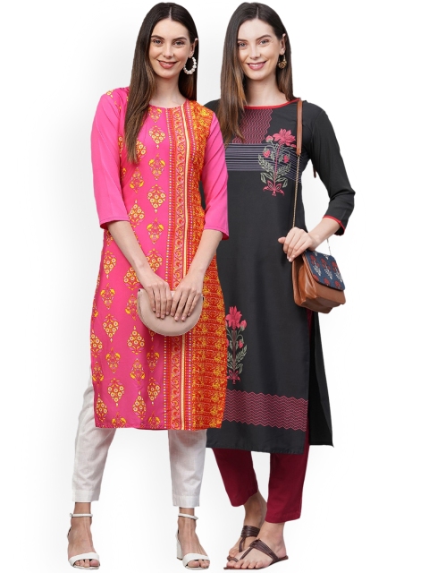 

KALINI Women Pink & Black Floral Printed Crepe Kurta