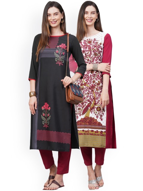 

KALINI Women Pack Of 2 Printed Thread Work Crepe Kurta, Black