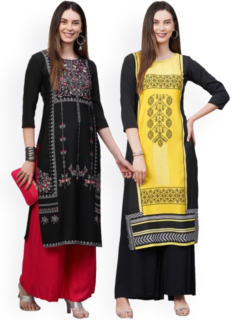 

KALINI Women Pack Of 2 Printed Flared Sleeves Thread Work Crepe Kurta, Black
