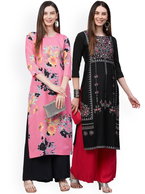 

KALINI Women Pack Of 2 Floral Printed Thread Work Crepe Kurta, Pink