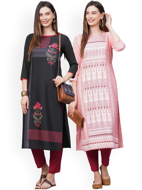

KALINI Women Pack Of 2 Printed Thread Work Crepe Kurta, Black