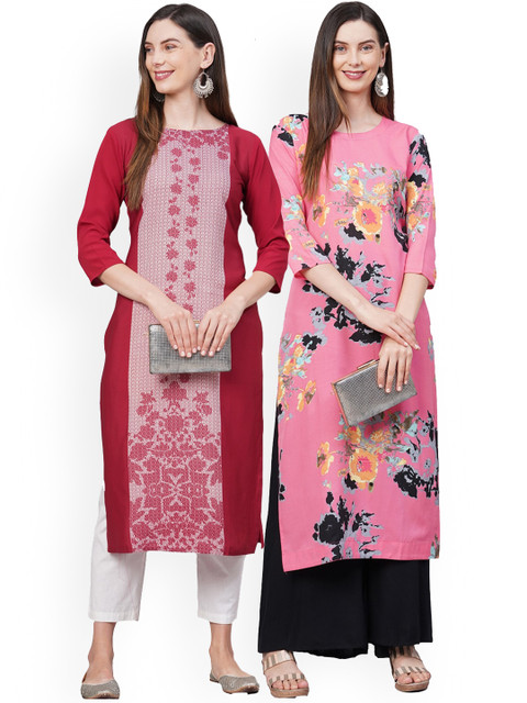 

KALINI Women Pink Printed Thread Work Crepe Kurta, Red