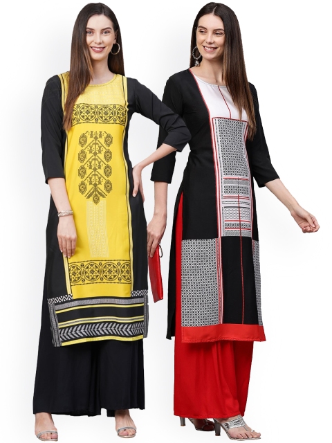 

KALINI Women Pack Of 2 Printed Thread Work Crepe Kurta, Yellow