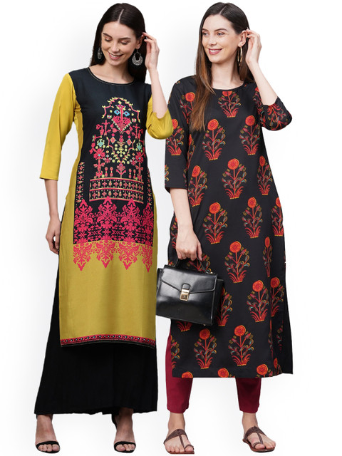 

KALINI Women Pack Of 2 Floral Printed Flared Sleeves Thread Work Crepe Kurta, Yellow