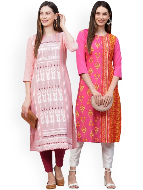 

KALINI Women Pack Of 2 Printed Thread Work Crepe Kurta, Pink