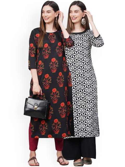 

KALINI Women Pack Of 2 Floral Printed Cold-Shoulder Sleeves Mirror Work Crepe Kurta, Black