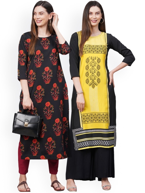 

KALINI Women Pack of 2 Yellow & Black Floral Printed Crepe Kurta