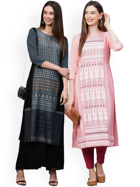 

KALINI Women Pack of 2 Grey & Pink Printed Crepe Kurta