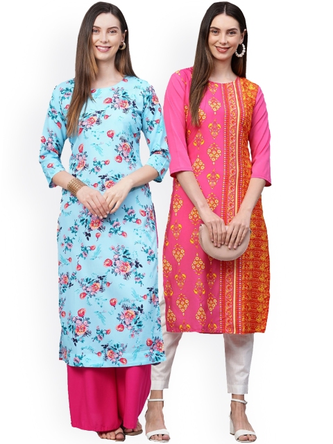 

KALINI Women Pack of 2 Blue & Pink Floral Printed Crepe Kurta