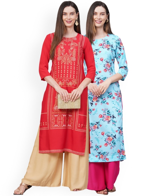 

KALINI Women Pack of 2 Red & Blue Floral Printed Crepe Kurta