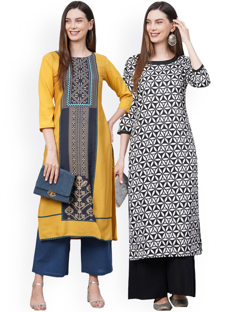

KALINI Women Pack of 2 Yellow & Black Printed Crepe Kurta