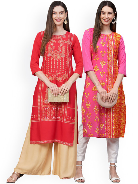 

KALINI Women Pack of 2 Pink & Red Printed Crepe Kurta