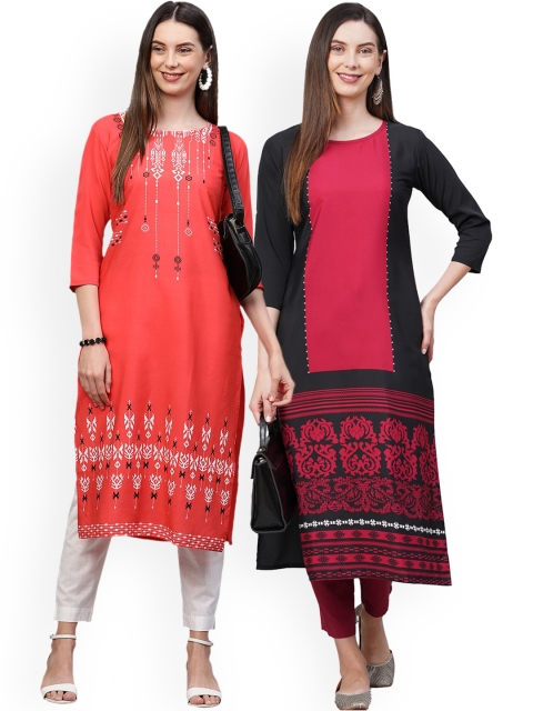 

KALINI Women Pack of 2 Red & Pink Printed Crepe Kurta