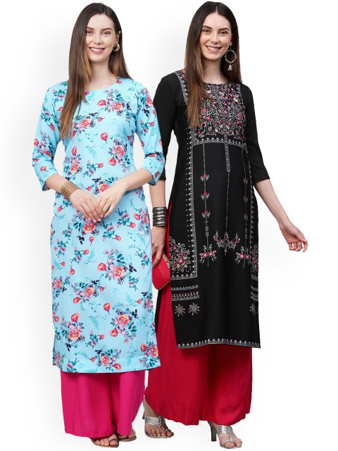 

KALINI Women Pack of 2 Blue & Black Floral Printed Crepe Kurta