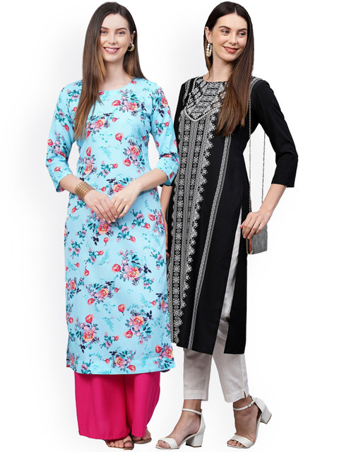 

KALINI Women Pack of 2 Blue & Black Floral Printed Crepe Kurta