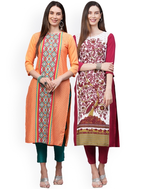 

KALINI Women Pack of 2 Peach-Coloured & Red Printed Crepe Kurta