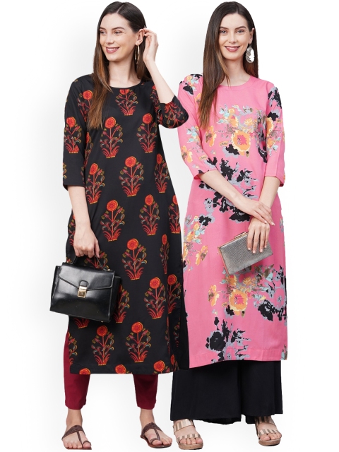 

KALINI Women Pack of 2 Pink & Black Floral Printed Crepe Kurta