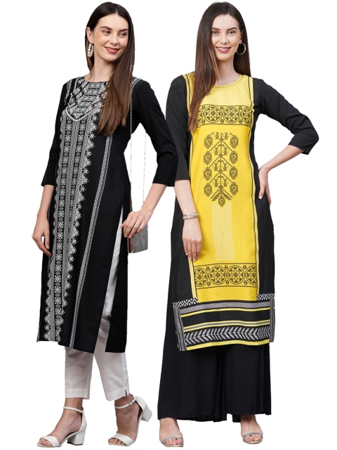 

KALINI Women Pack of 2 Black & Yellow Printed Crepe Kurta